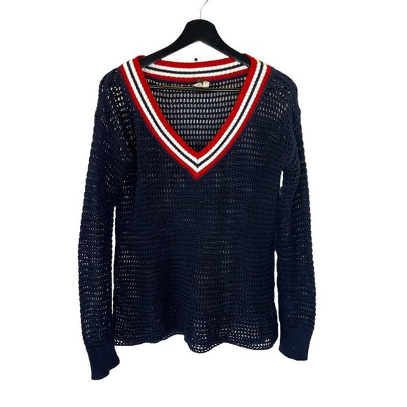 We The Free Sweaters - We The Free Navy Blue Net Loose Knit V Neck Preppy Long Sleeve Sweater Small